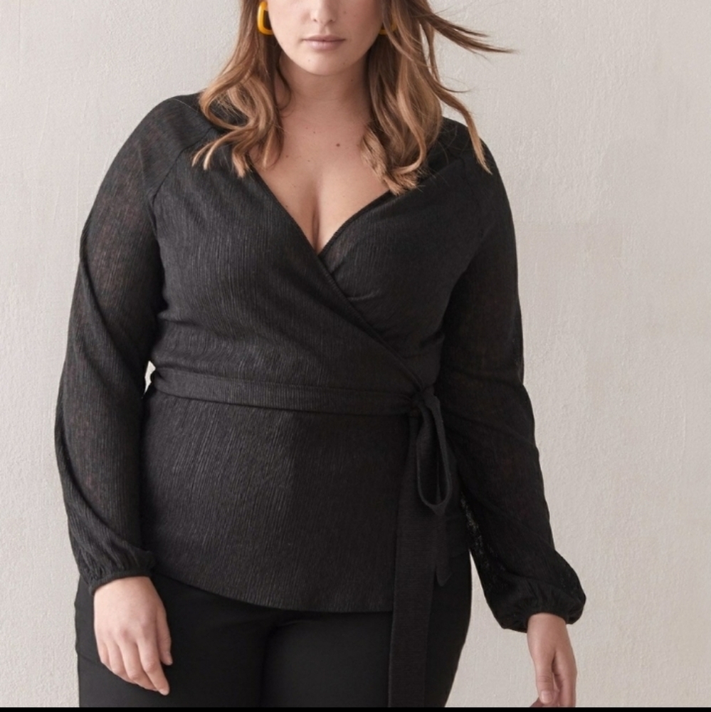NWT Additionelle Black Balloon Sleeve Wrap Top